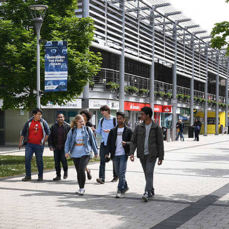 Current Brunel students walking through the campus