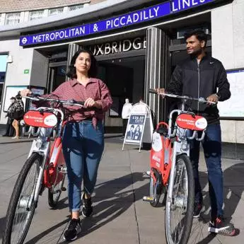 Students with Santander Bikes in Uxbridge