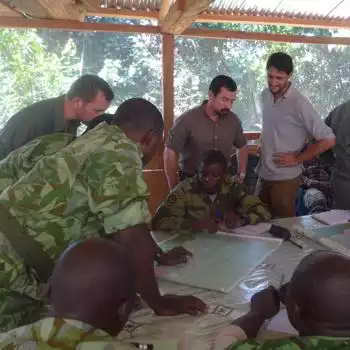 Research team member Luke Townsend doing intelligence training with local rangers.