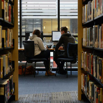 two students studying in the library